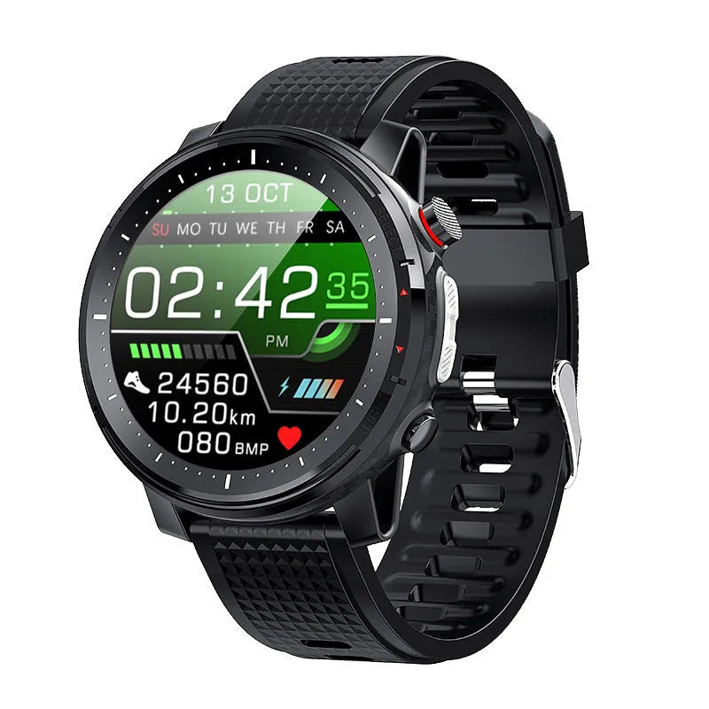 Black or red Android smart watch with round 1.3-inch touch screen and silicone strap showing IP68 waterproof rating