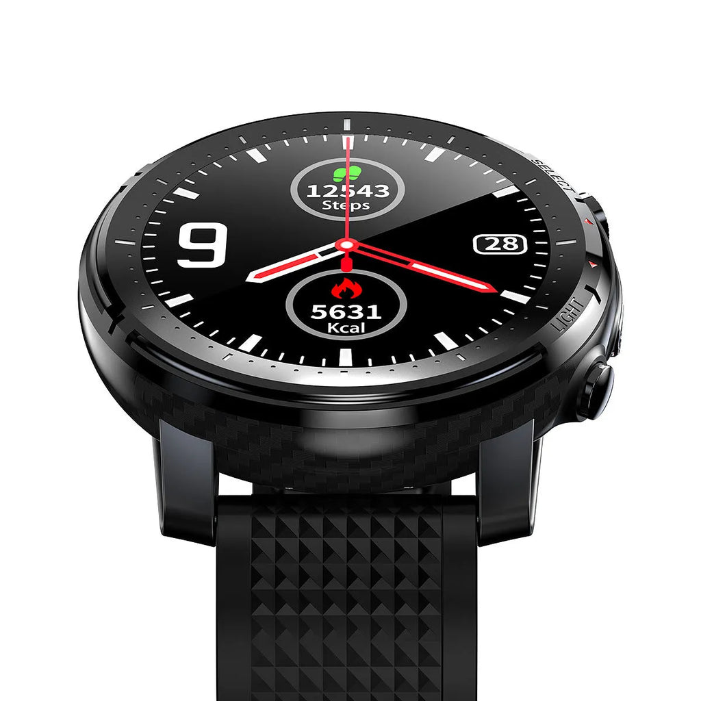 Black or red Android smart watch with round 1.3-inch touch screen and silicone strap showing IP68 waterproof rating