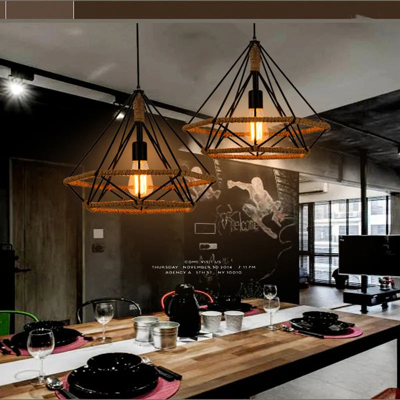 Rustic twine chandelier iron lampshade 25cm diameter adjustable height LianShang Lighting