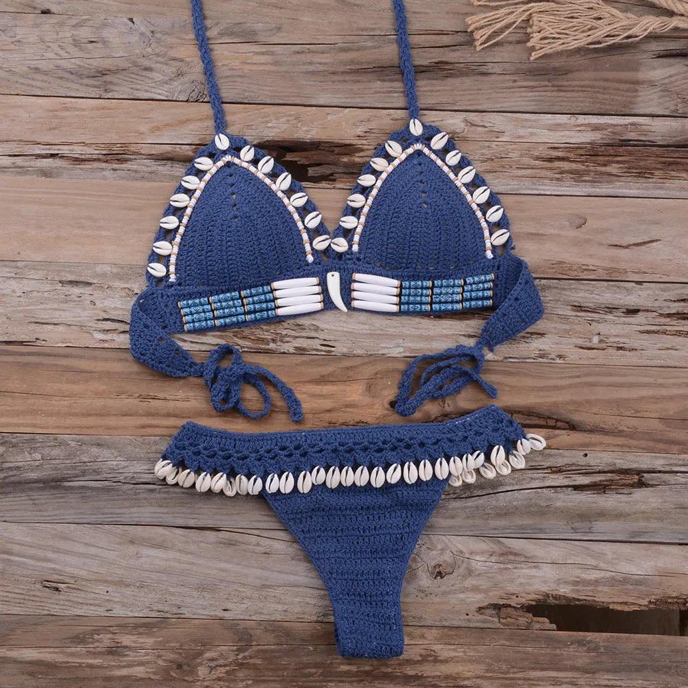 Women's beach vacation split swimsuit in white and blue, acrylic fabric with cotton lining, available in sizes S M L