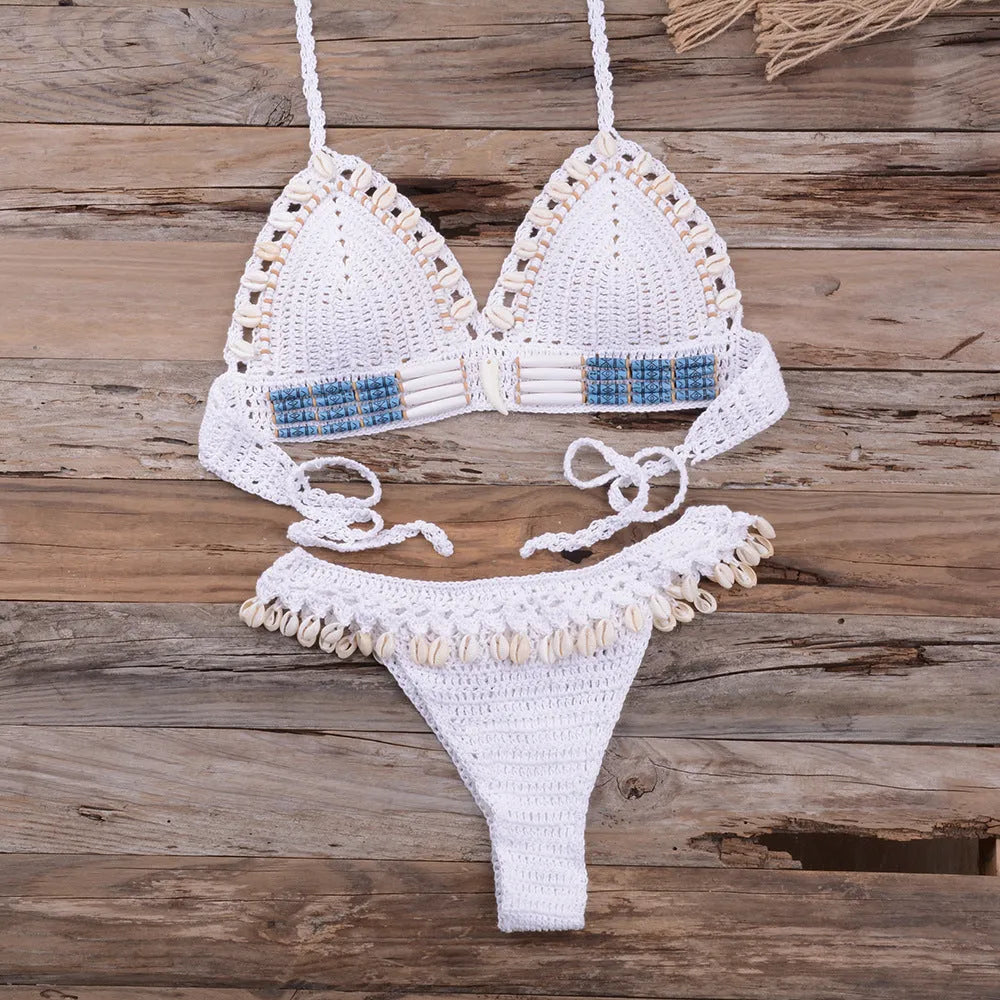 Women's beach vacation split swimsuit in white and blue, acrylic fabric with cotton lining, available in sizes S M L