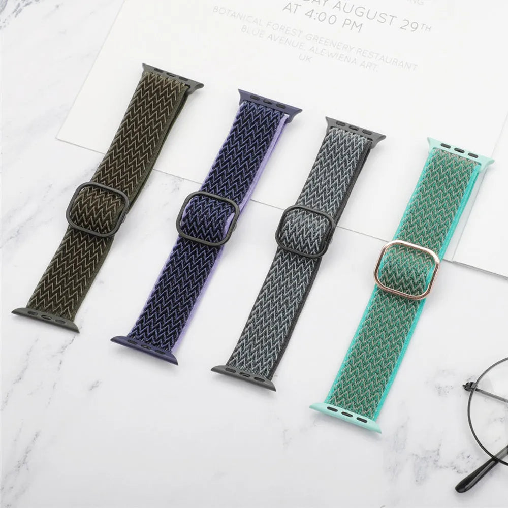 Braided nylon elastic Apple Watch strap with wave pattern in army green colour.