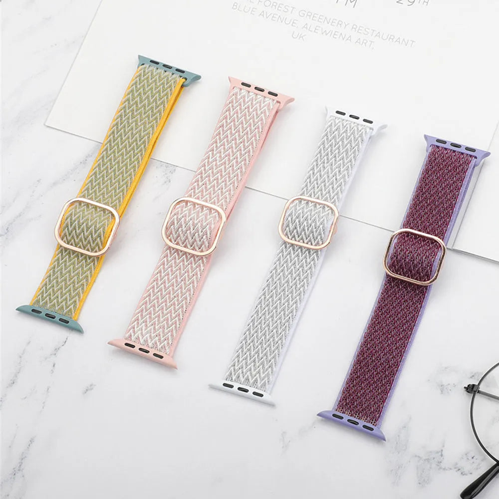 Braided nylon elastic Apple Watch strap with wave pattern in army green colour.