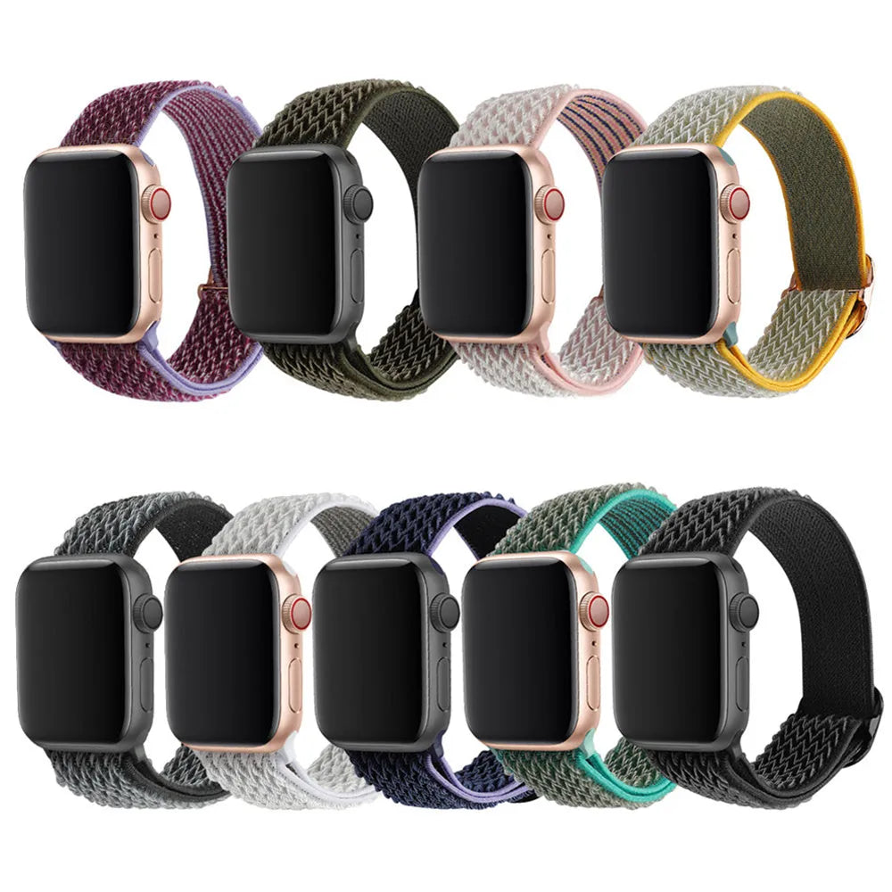 Braided nylon elastic Apple Watch strap with wave pattern in army green colour.