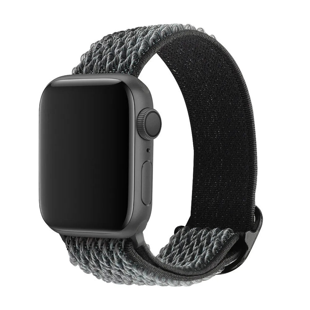 Braided nylon elastic Apple Watch strap with wave pattern in army green colour.