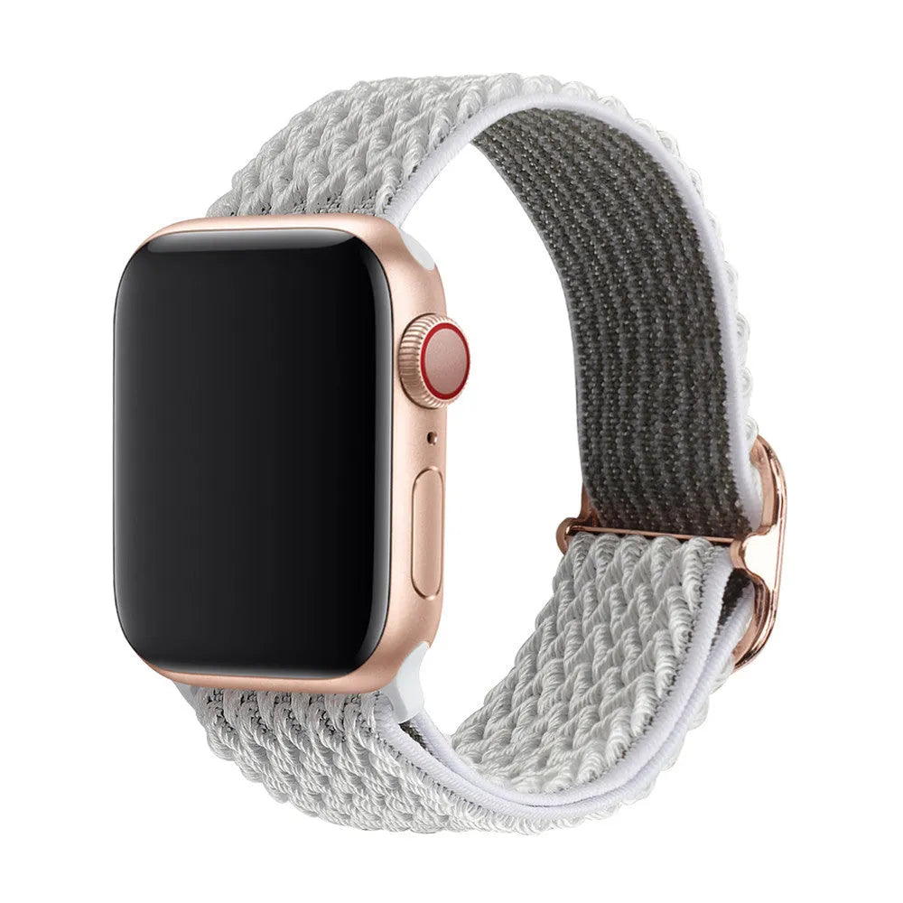 Braided nylon elastic Apple Watch strap with wave pattern in army green colour.