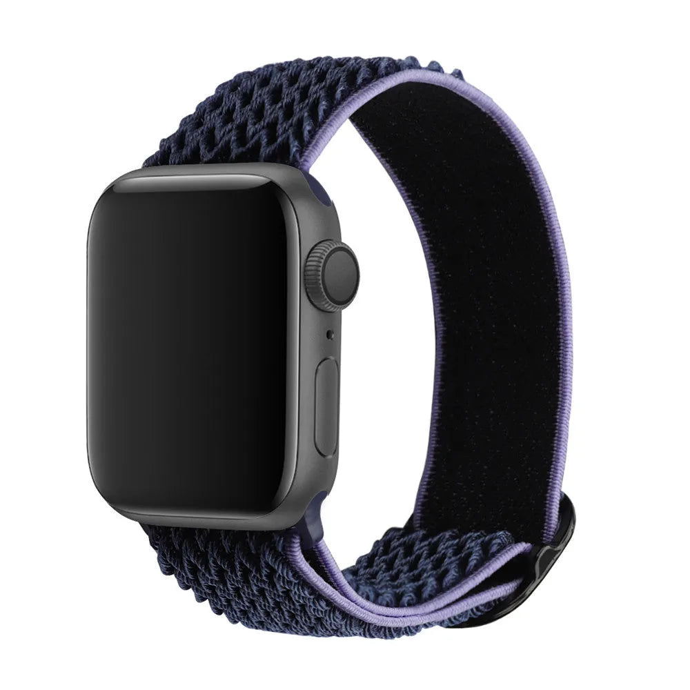Braided nylon elastic Apple Watch strap with wave pattern in army green colour.