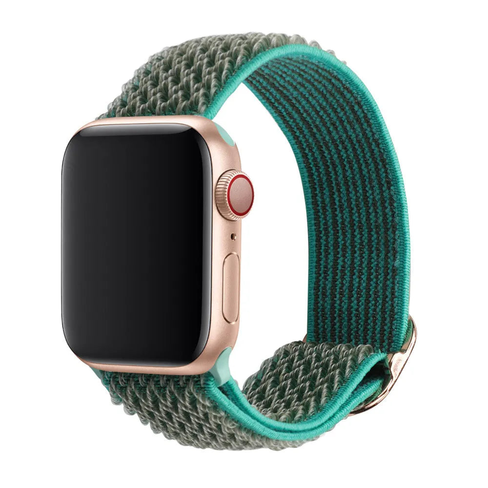Braided nylon elastic Apple Watch strap with wave pattern in army green colour.