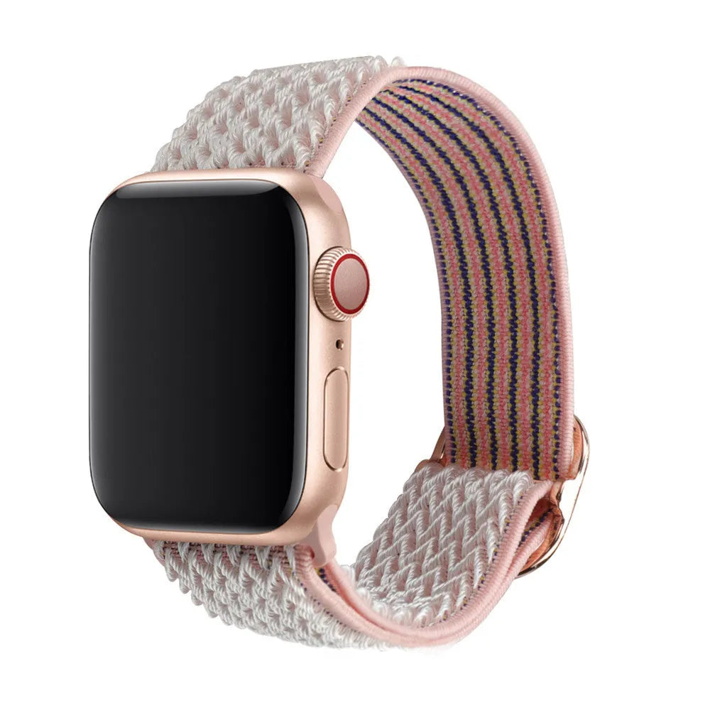 Braided nylon elastic Apple Watch strap with wave pattern in army green colour.