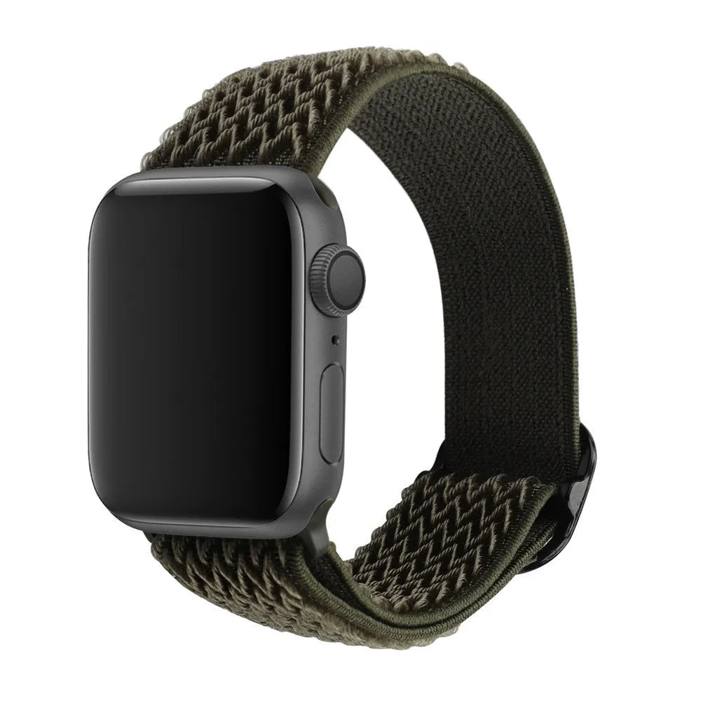 Braided nylon elastic Apple Watch strap with wave pattern in army green colour.