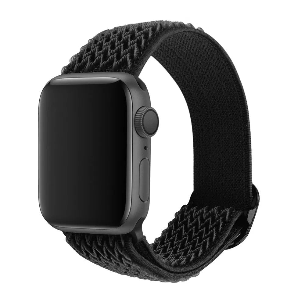 Braided nylon elastic Apple Watch strap with wave pattern in army green colour.