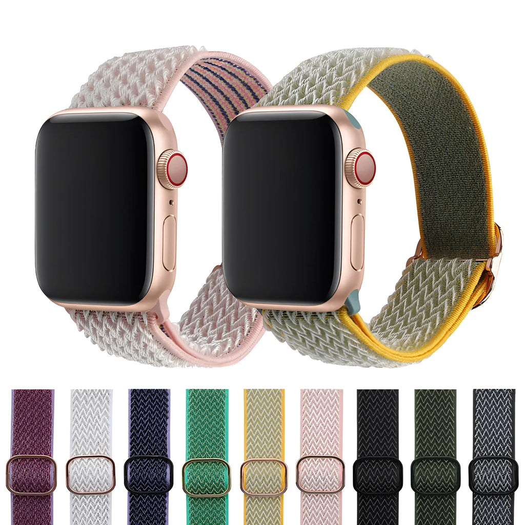 Braided nylon elastic Apple Watch strap with wave pattern in army green colour.