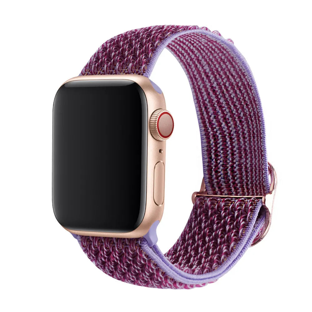 Braided nylon elastic Apple Watch strap with wave pattern in army green colour.