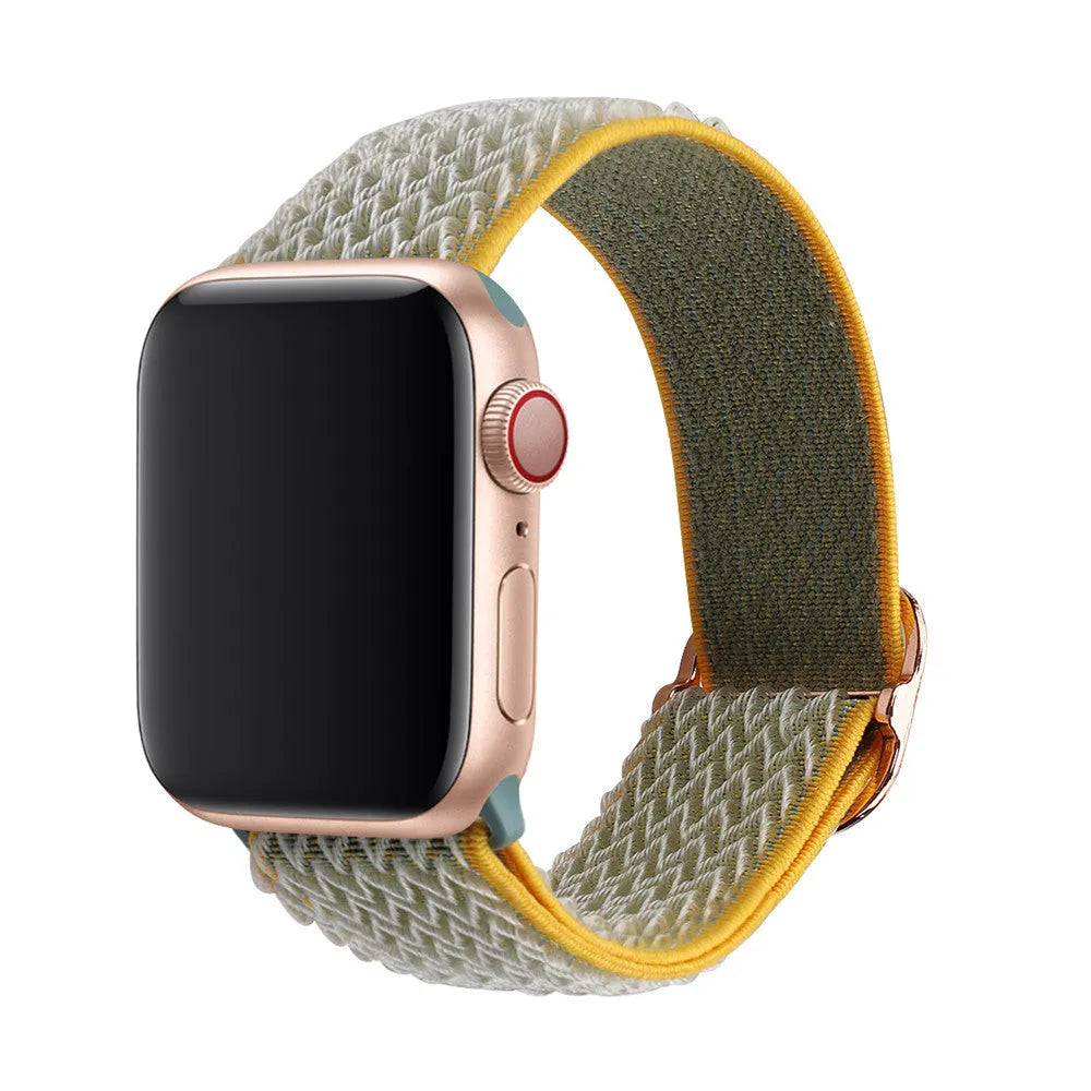 Braided nylon elastic Apple Watch strap with wave pattern in army green colour.
