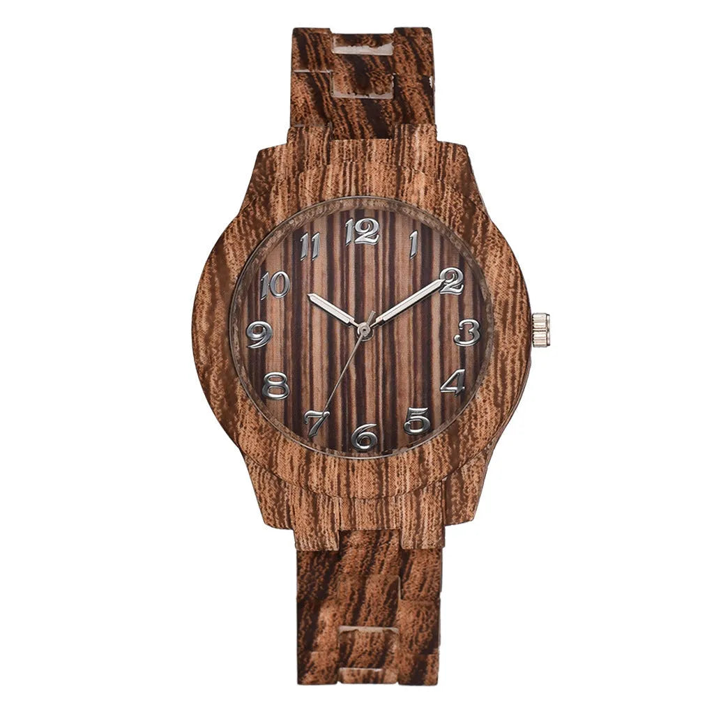 Wood grain couple quartz watch with 39mm case and brown silicone strap on wrist
