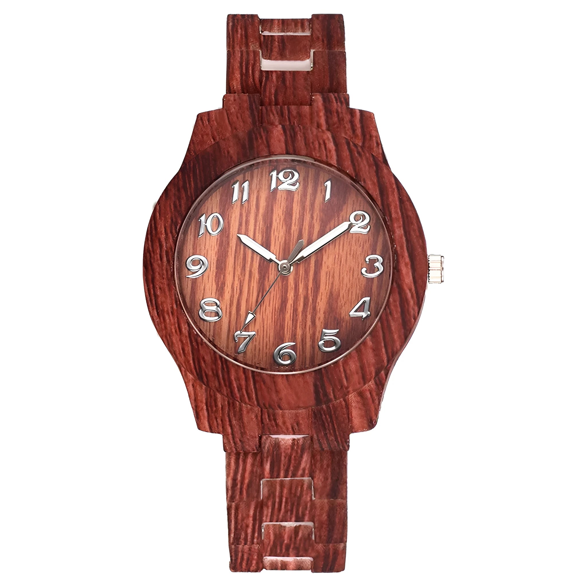 Wood grain couple quartz watch with 39mm case and brown silicone strap on wrist