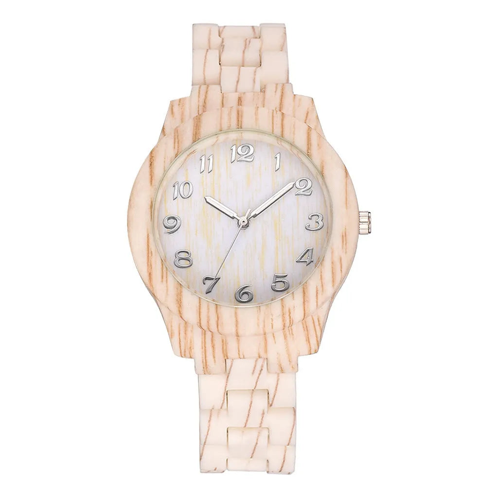 Wood grain couple quartz watch with 39mm case and brown silicone strap on wrist