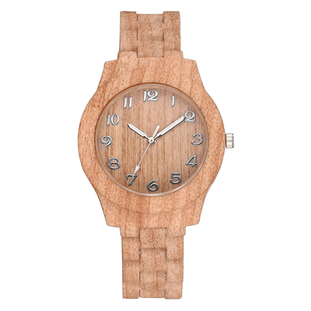 Wood grain couple quartz watch with 39mm case and brown silicone strap on wrist