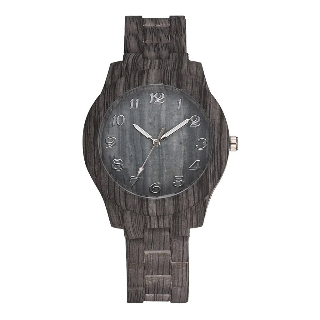Wood grain couple quartz watch with 39mm case and brown silicone strap on wrist