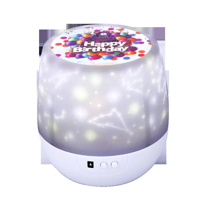 Cartoon-style Bluetooth starry sky projector showing cosmic light projection on a wall.
