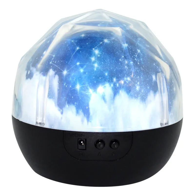 Cartoon-style Bluetooth starry sky projector showing cosmic light projection on a wall.