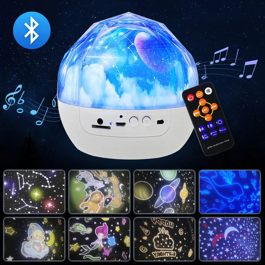 Cartoon-style Bluetooth starry sky projector showing cosmic light projection on a wall.