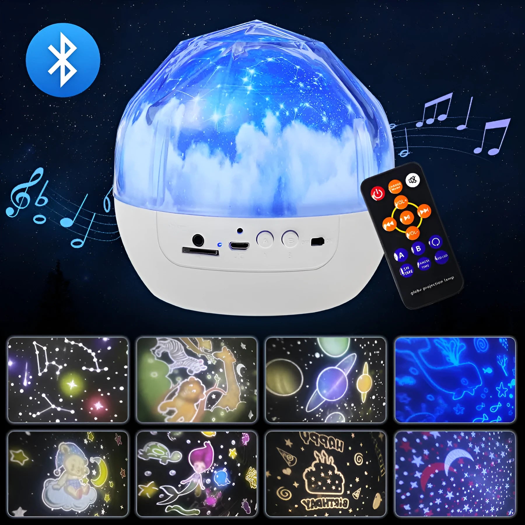 Cartoon-style Bluetooth starry sky projector showing cosmic light projection on a wall.