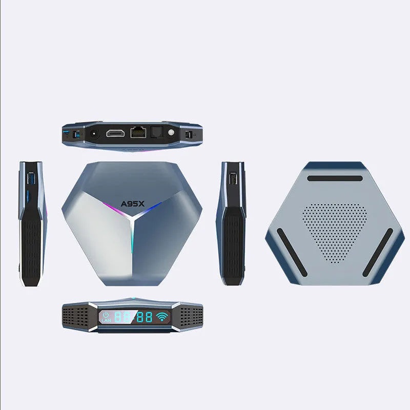 Android TV set-top box with remote control, HDMI cable, and power adapter for 8K streaming