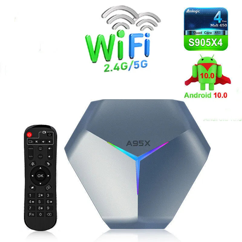 Android TV set-top box with remote control, HDMI cable, and power adapter for 8K streaming