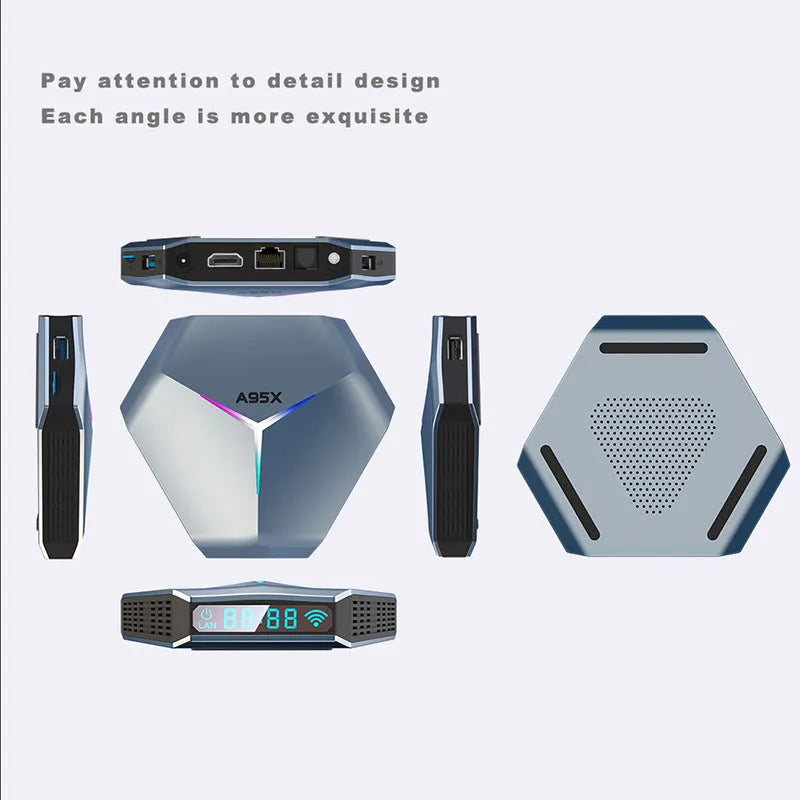 Android TV set-top box with remote control, HDMI cable, and power adapter for 8K streaming
