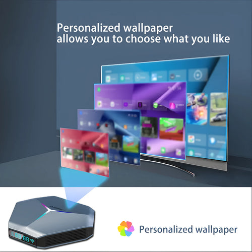 Android TV set-top box with remote control, HDMI cable, and power adapter for 8K streaming