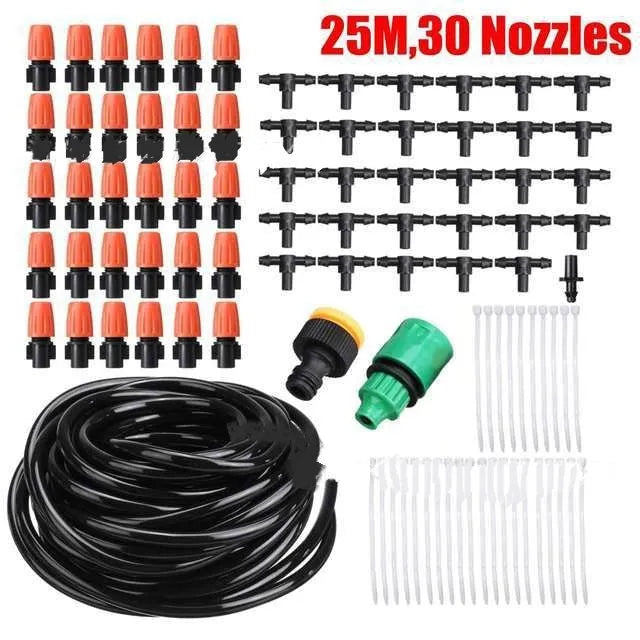 Garden Fun adjustable micro spray irrigation kit with orange nozzles and capillary tubing on green grass