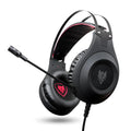 Black wired USB computer headset with a microphone and head-mounted design.