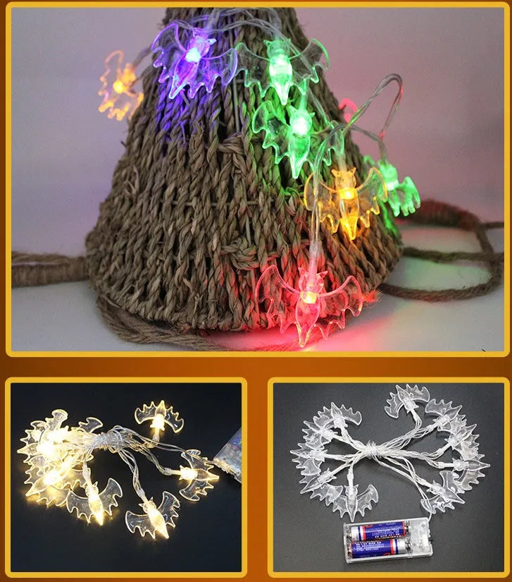 Halloween LED string lights with pumpkin, ghost and bat pendants on 1.2 metre white cord