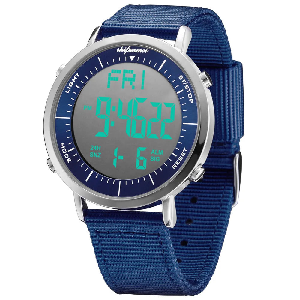 Shifenmei sports waterproof digital watch with black strap and digital display showing time