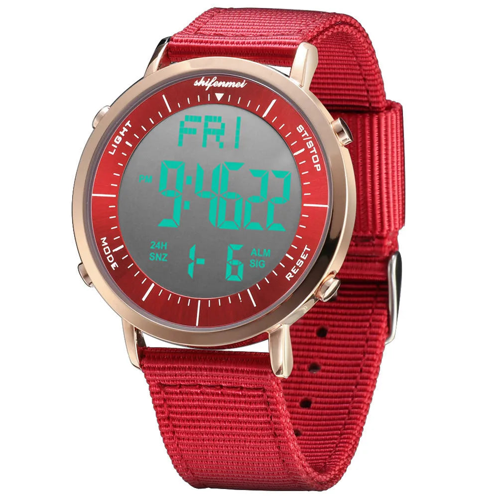 Shifenmei sports waterproof digital watch with black strap and digital display showing time