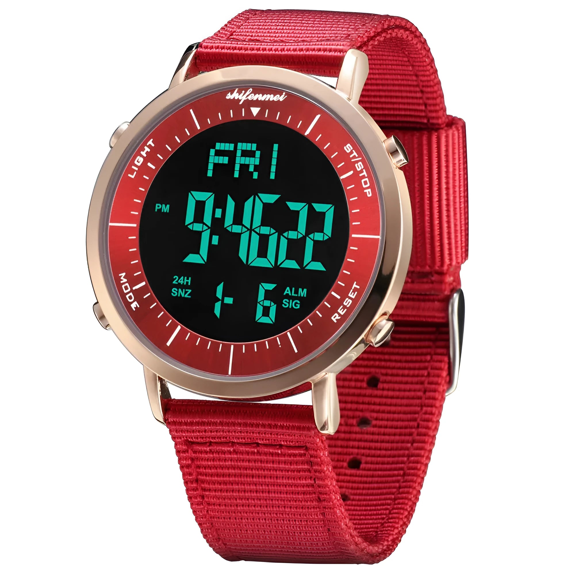 Shifenmei sports waterproof digital watch with black strap and digital display showing time