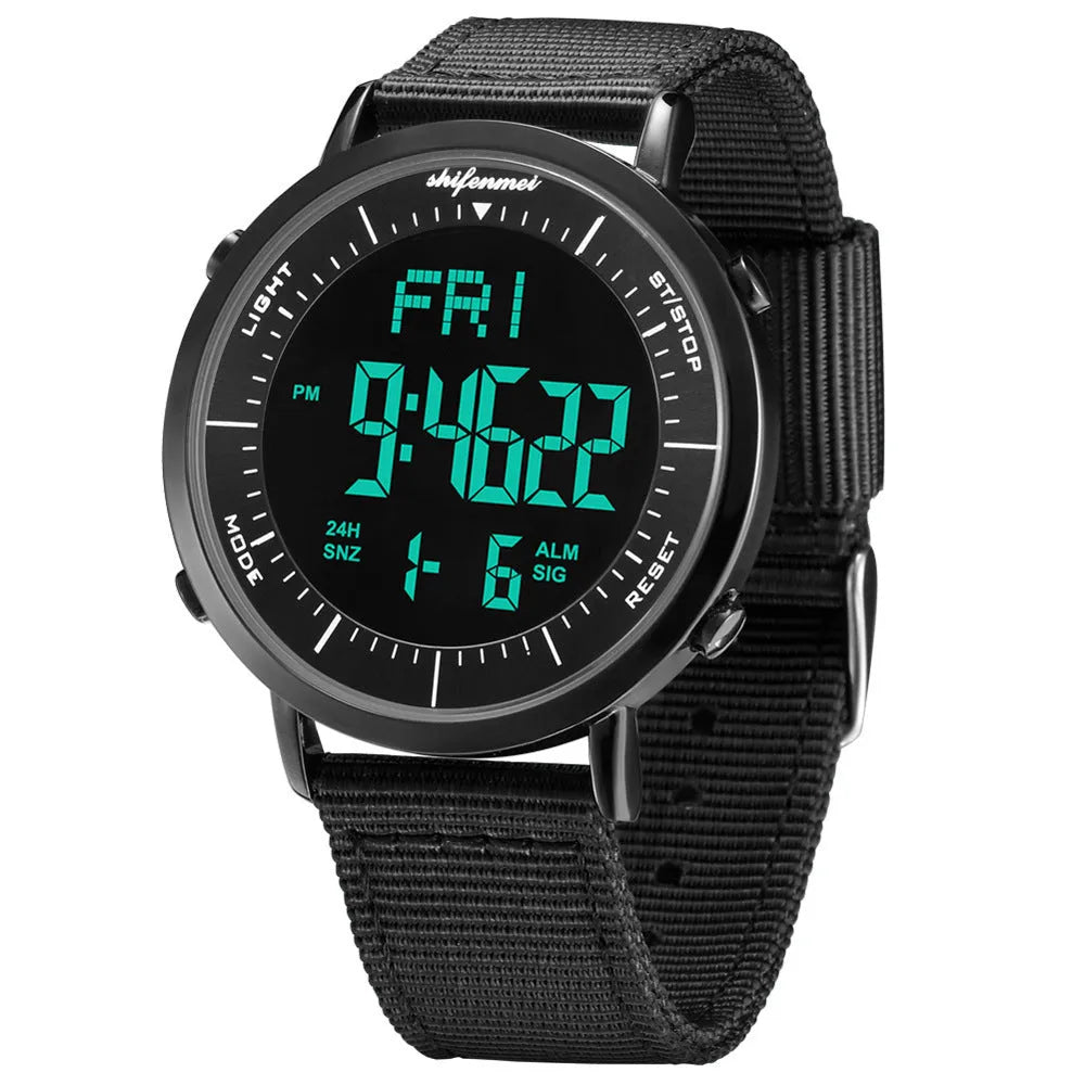 Shifenmei sports waterproof digital watch with black strap and digital display showing time