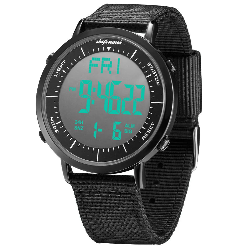 Shifenmei sports waterproof digital watch with black strap and digital display showing time