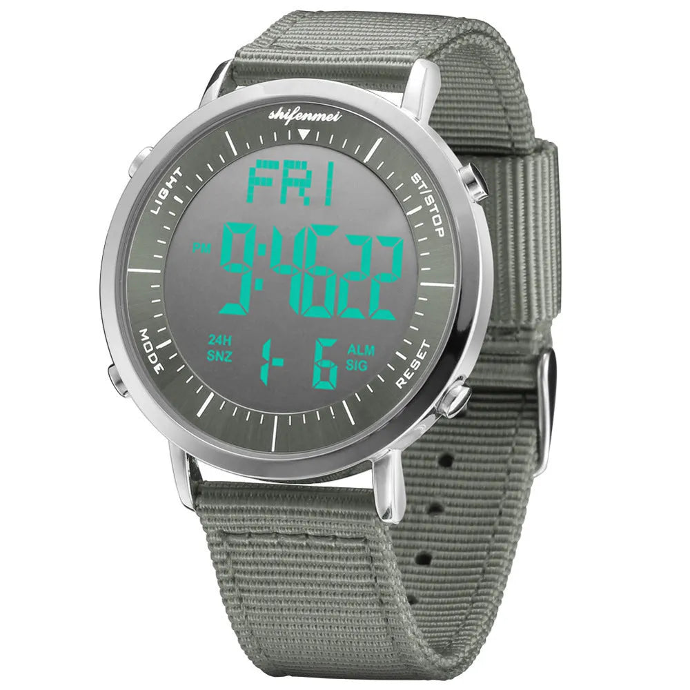 Shifenmei sports waterproof digital watch with black strap and digital display showing time