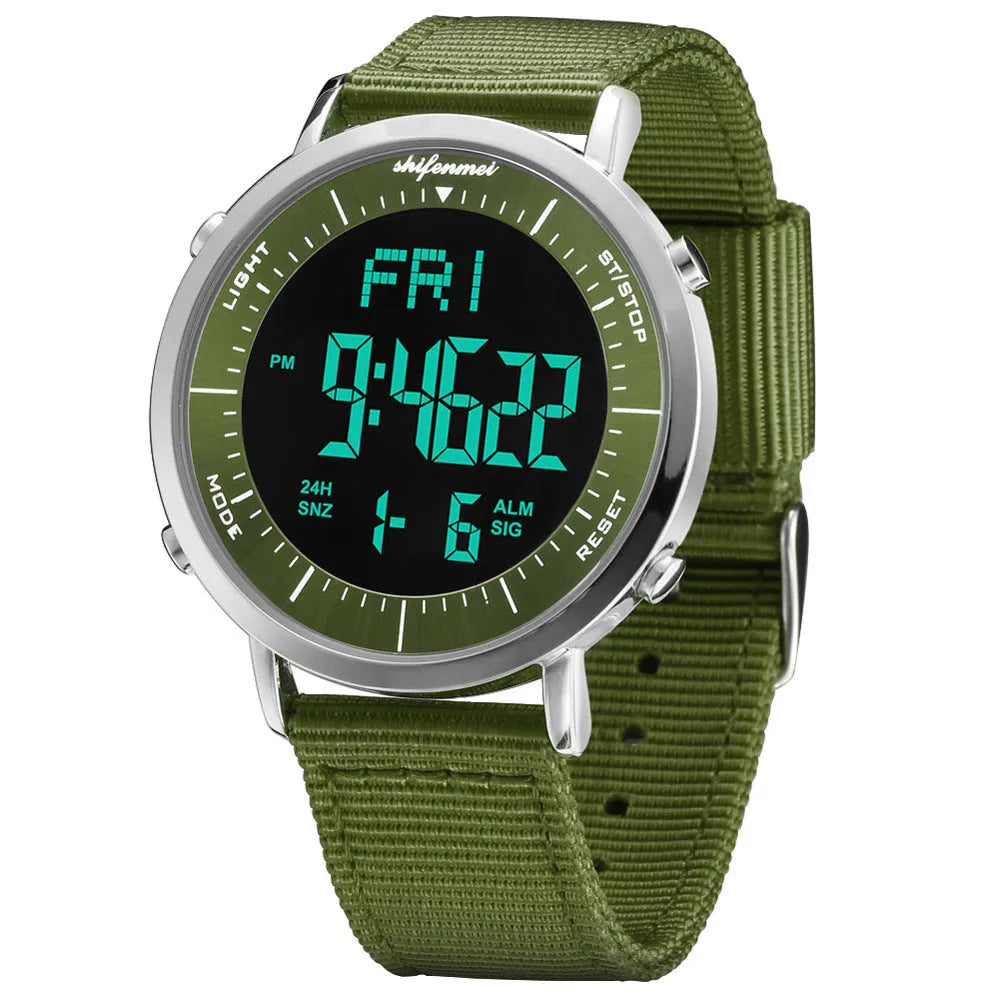 Shifenmei sports waterproof digital watch with black strap and digital display showing time