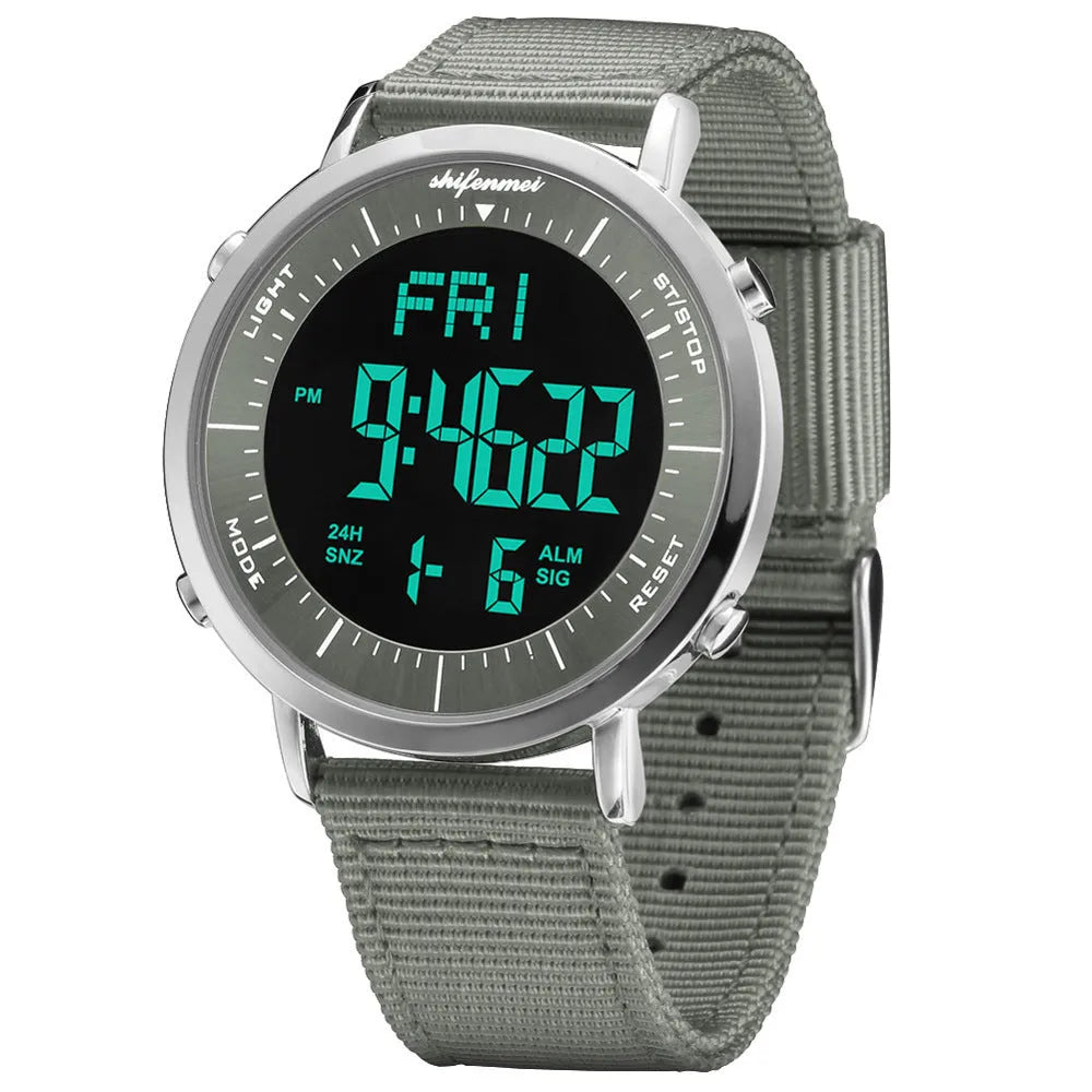 Shifenmei sports waterproof digital watch with black strap and digital display showing time