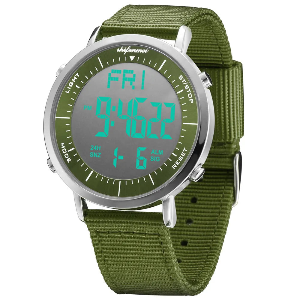 Shifenmei sports waterproof digital watch with black strap and digital display showing time