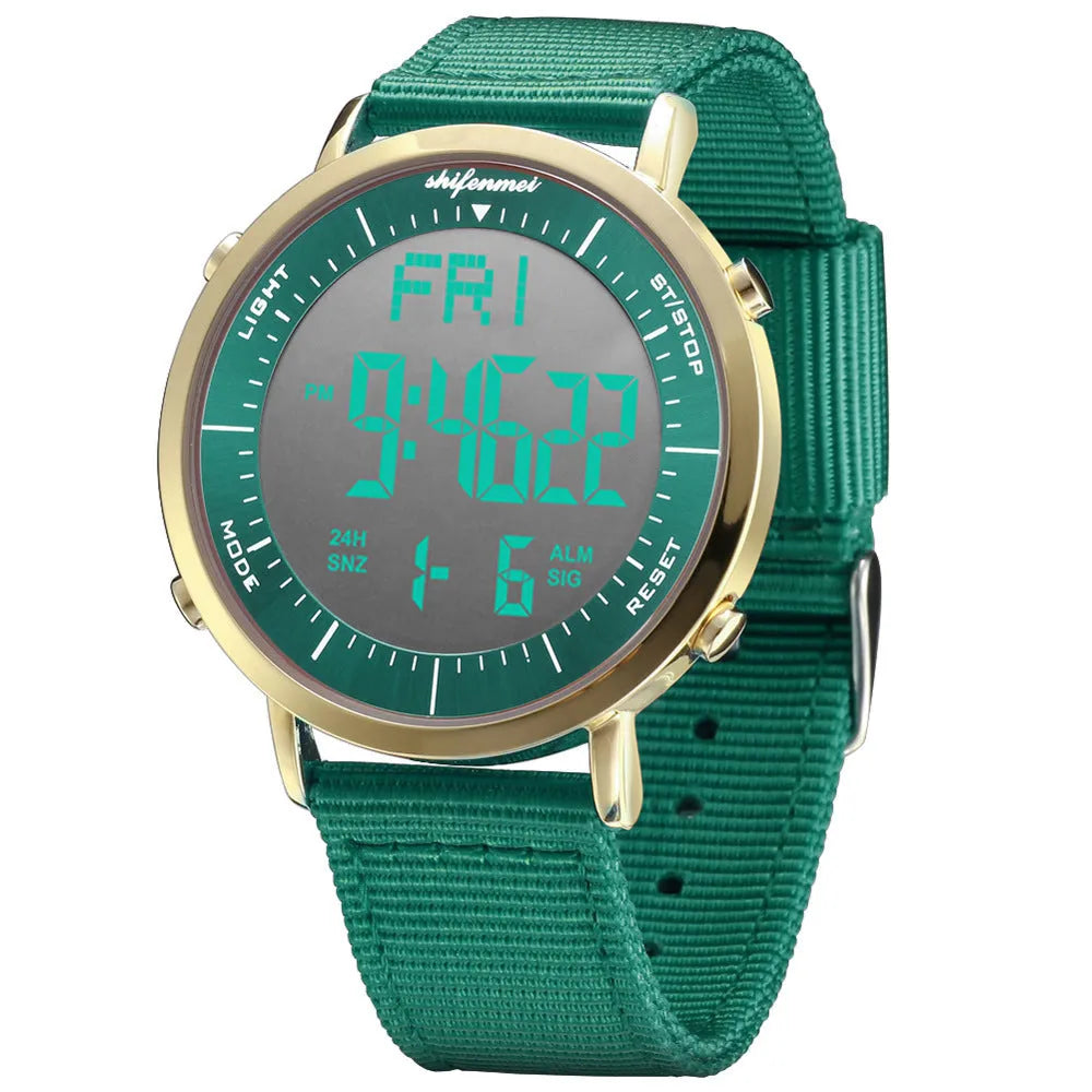 Shifenmei sports waterproof digital watch with black strap and digital display showing time