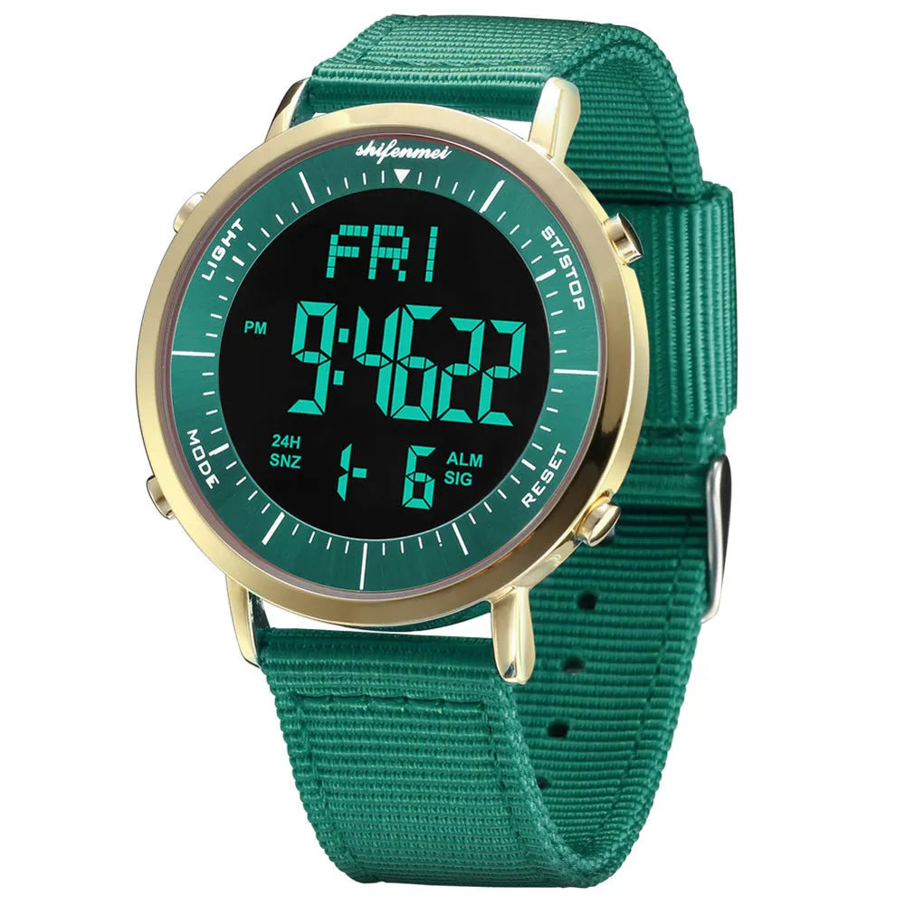 Shifenmei sports waterproof digital watch with black strap and digital display showing time