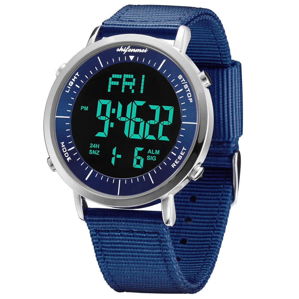 Shifenmei sports waterproof digital watch with black strap and digital display showing time