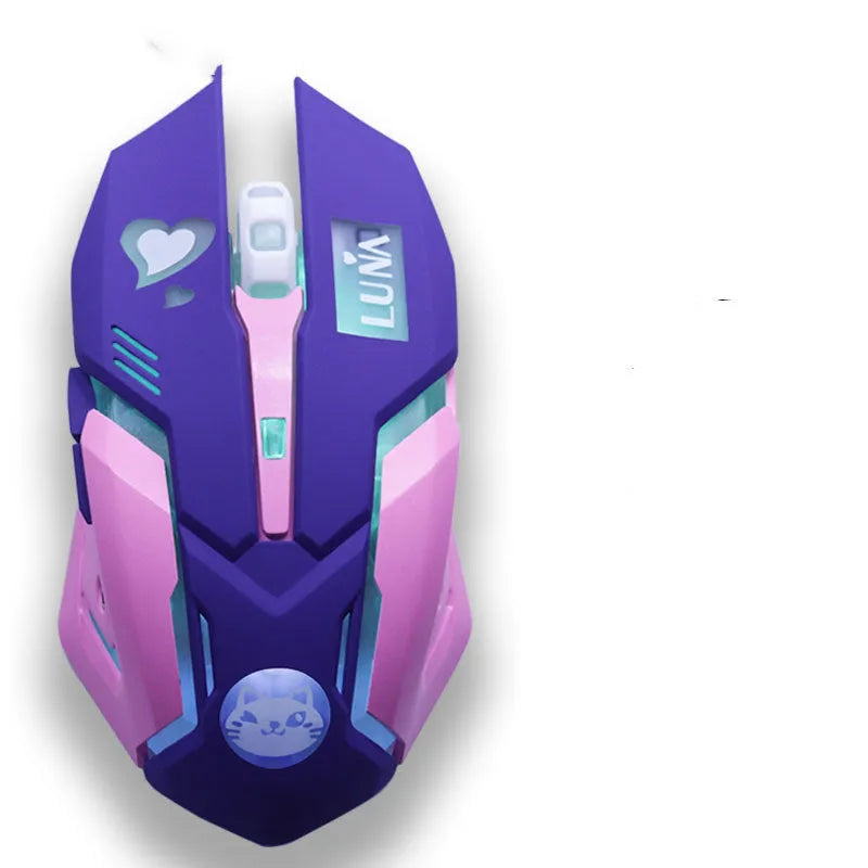 Wireless mute gaming mouse in pink blue colour with 2400 DPI optical sensor