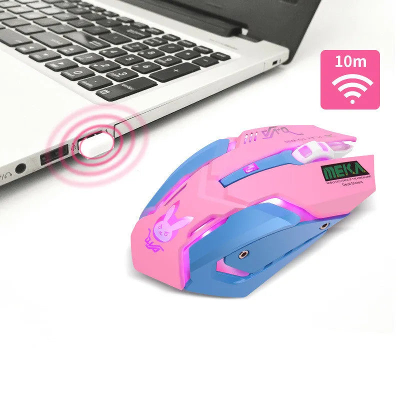 Wireless mute gaming mouse in pink blue colour with 2400 DPI optical sensor