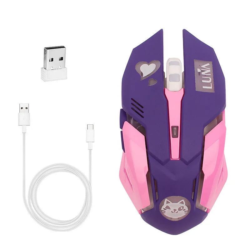 Wireless mute gaming mouse in pink blue colour with 2400 DPI optical sensor
