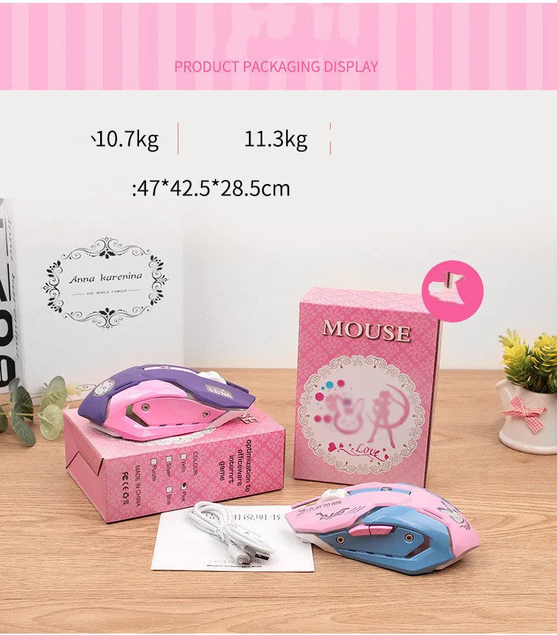 Wireless mute gaming mouse in pink blue colour with 2400 DPI optical sensor